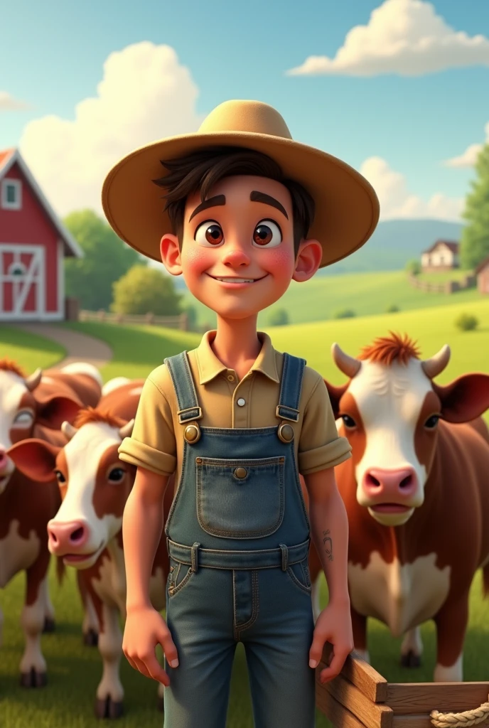 A young aged  poor farmer feeding the cows happily Pixar style disney full hd 