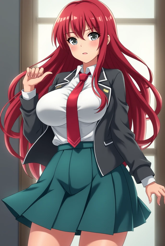 Screenshot of Boku no hero academia Beautiful ager Long straight red hair , grey eyes, upturned nose, full pink lips, defined jaw and serious features, large breasts and large buttocks, small waist and flat stomach and wearing a teal skirt uniform, white shirt with a red tie and a gray jacket