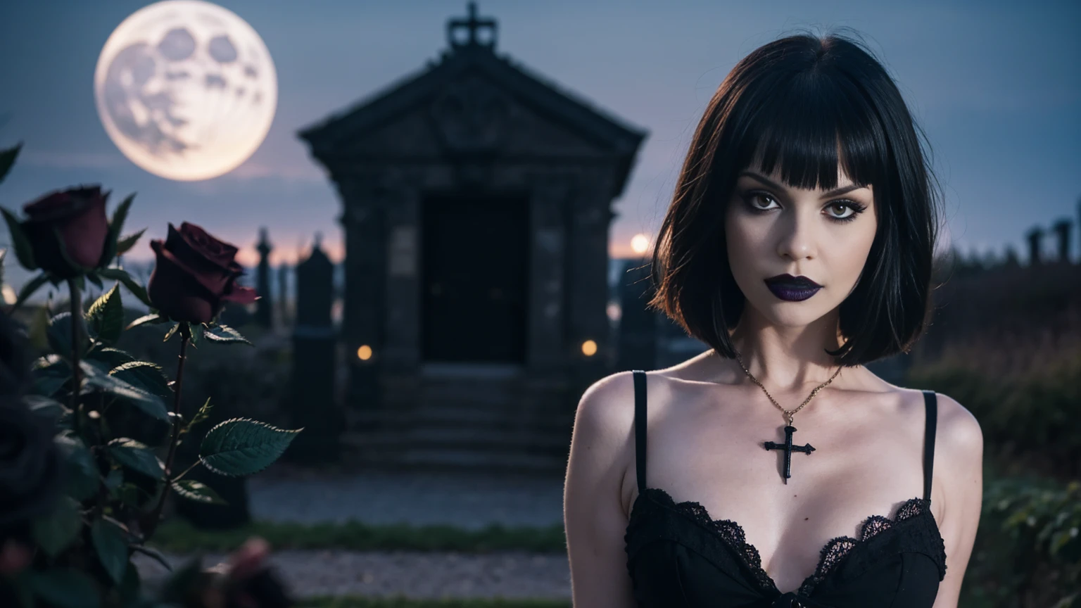 Generate a hyper-realistic image that employs the shallow depth of field technique, Head and sholders portrait to highlight a pretty goth girl wearing a gothic dress, ((cut hair with fringe)), at ((night in a creepy cemitery)) setting, (((under the moonlight))). The girl should be the focal point, with crisp clarity, while the background of the forest should be gently blurred to create a bokeh effect. (((black roses In the foreground))) should be visible but blurred, adding depth to the composition.", adding depth to the composition. Sony Alpha A7R III, macros lens , f/5.6. ((Cinematic purple Lighting)) .