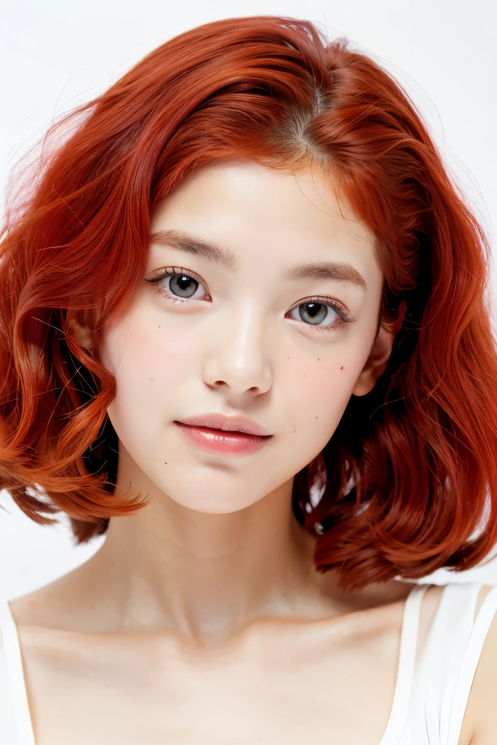 1girl,face,curly hair,red hair,white background,