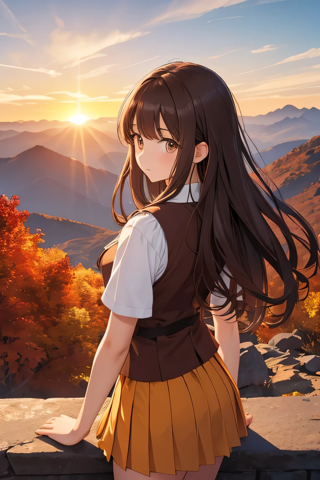 until, high quality, excellent resolution, alone girl, half body, Long hair, mid back, dark brown, fringe on one side, Brown eyes, beautiful face, somewhat serious look, Serena, as if showing something in the distance, knew, White school blouse, short sleeve, Red vest with yellow buttons, white pleated miniskirt, the sunlight shines on his back, background, overview of a planicia with meal, covered by mountains in the background, evening sunset, with sky in orange tones, autumn afternoon, Beautiful landscape