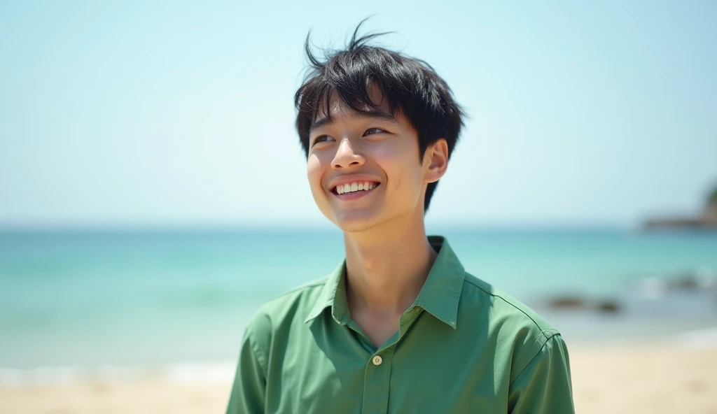 A male Japanese college student wearing a green shirt is standing on the beach with a bright expression and looking into the distance,Excited, Photo of your face, At the beach, with a natural look, With a slightly tired look, tilt your face a little, Diagonal orientation, Average face