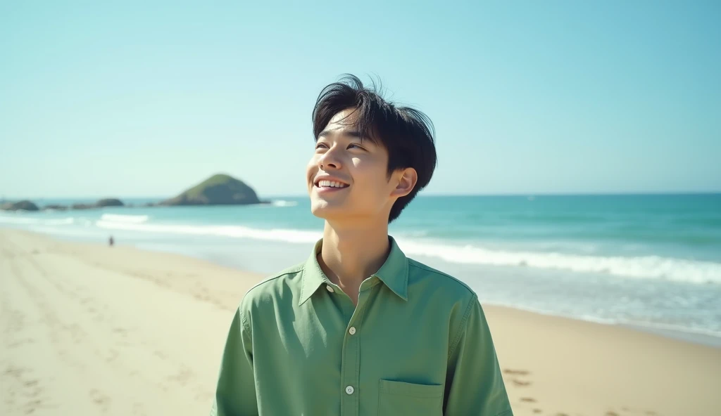 A male Japanese college student wearing a green shirt is standing on the beach with a bright expression and looking into the distance,Excited, Photo of your face, At the beach, with a natural look, With a slightly tired look, tilt your face a little, Diagonal orientation, Average face