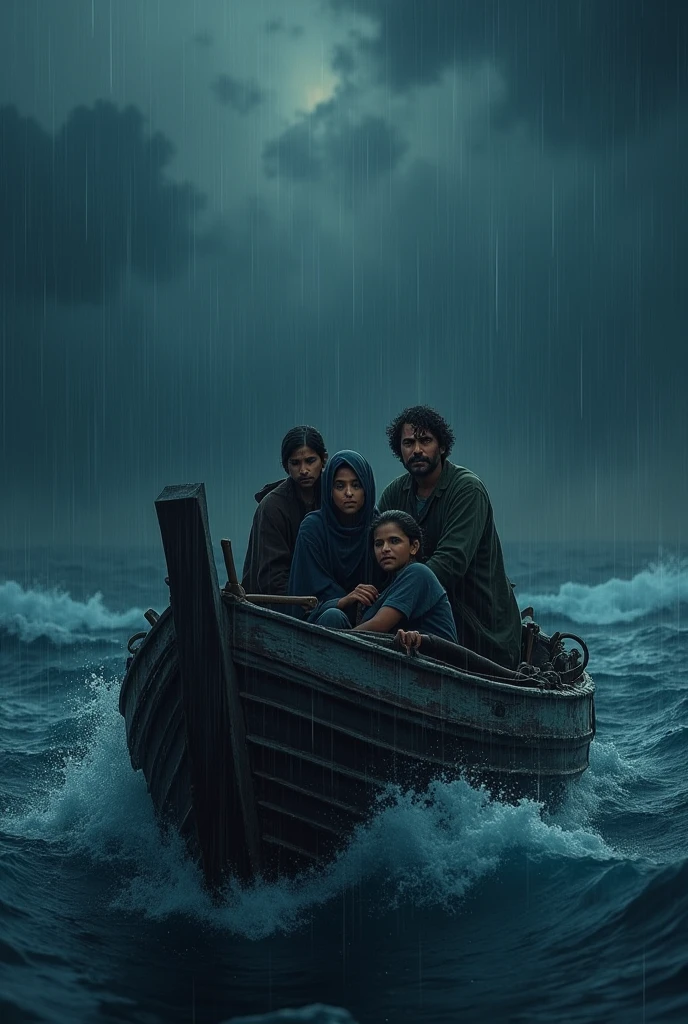 a family with broken bobbed board , middle ocean, night rain