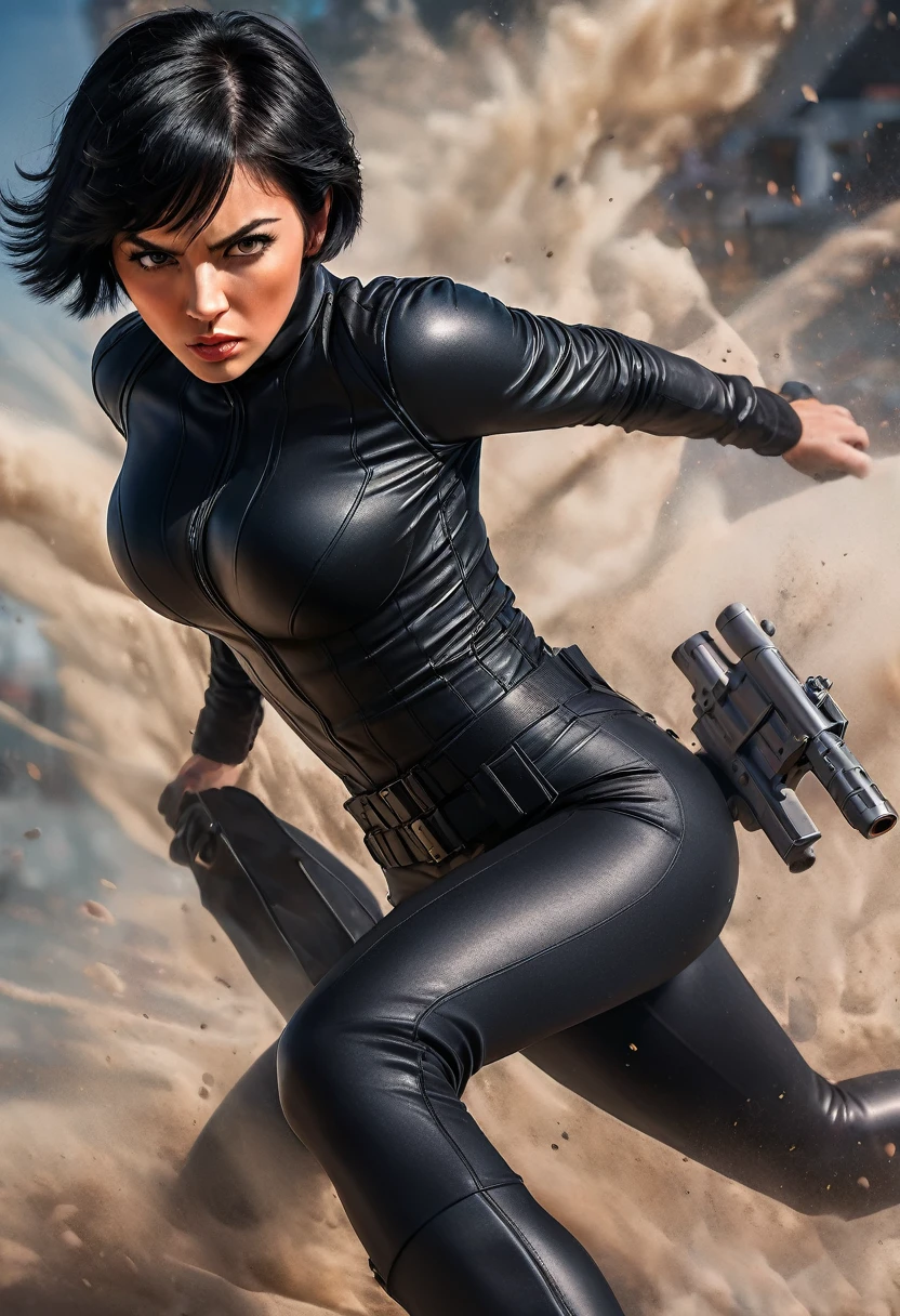 A highly detailed, photorealistic portrait of a beautiful female secret agent with short black hair, wearing a tight black outfit, in an intense action pose, aiming a gun with a focused and determined expression, large breasts, 4k, 8k, high resolution, best quality, masterpiece, ultra-detailed, realistic, vivid colors, dramatic lighting, action, adventure, spy, thriller