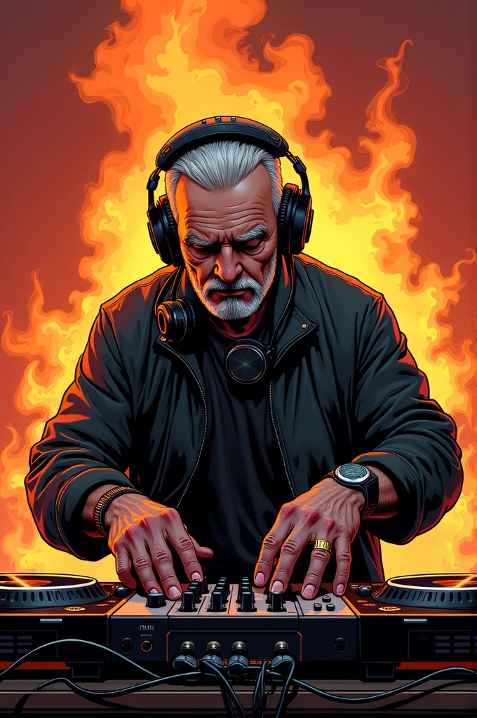 Older DJ, Headphones, tao, Techno, comic style, Fire pose