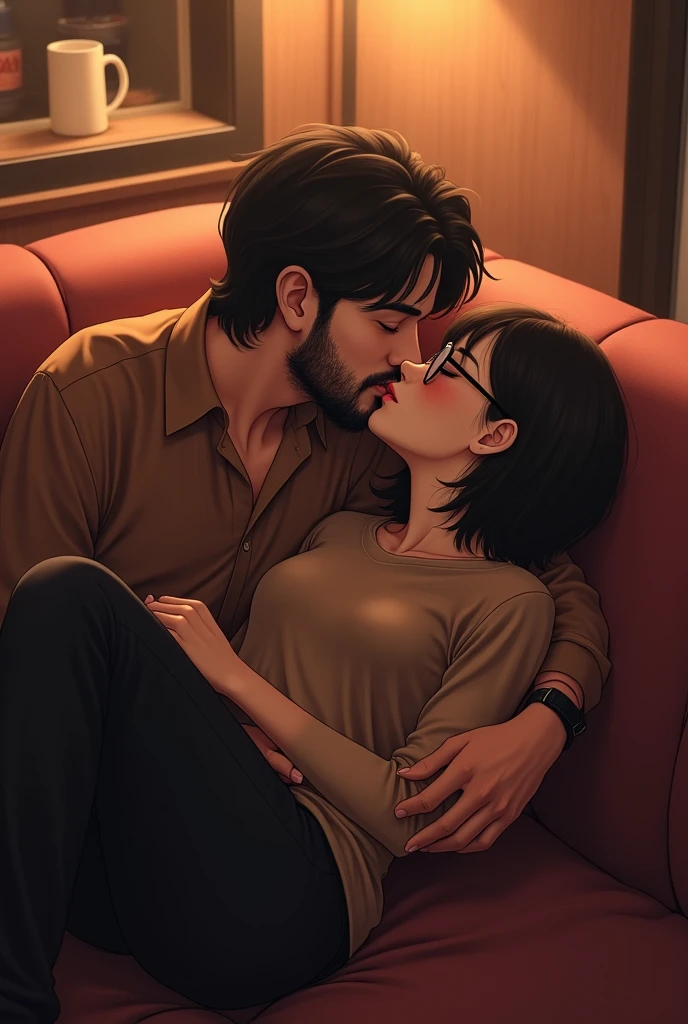 (photoanime:1.2), girl, guy , restraunt, same sofa, having first kiss, girl slightly lying while sitting on sofa ,boy is coming on top of her,she close the eyes, boy wearing brown kameez , girl wearing black pant brown shirt, girl with boy cut, boy with beard and mustache,girl having glasses