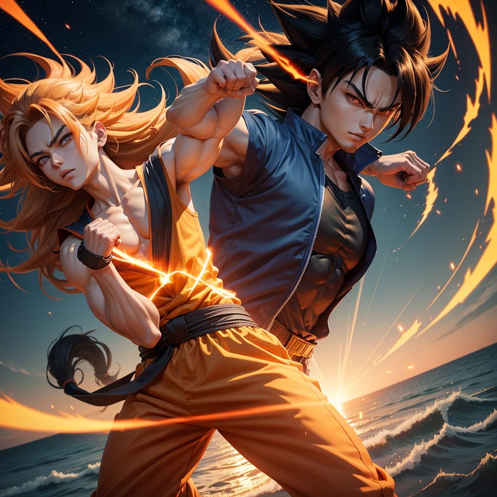 Create a male character with straight hair, big eyes, straight hair, manga style, wear a Saiyan style fighting outfit, orange aura effect all over the body. His appearance was charging with dao waves shaking the sky. High image resolution