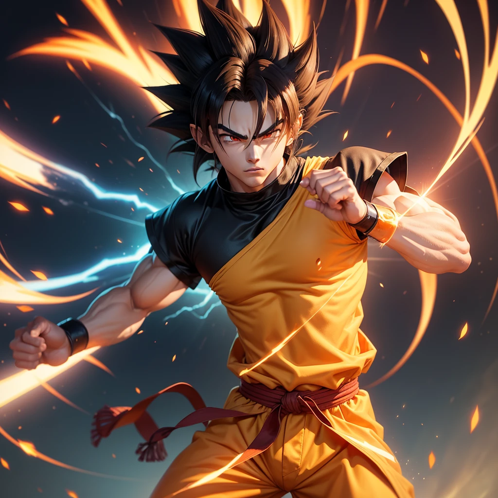 Create a male character with straight hair, big eyes, straight hair, manga style, wear a Saiyan style fighting outfit, orange aura effect all over the body. His appearance was charging with dao waves shaking the sky. High image resolution