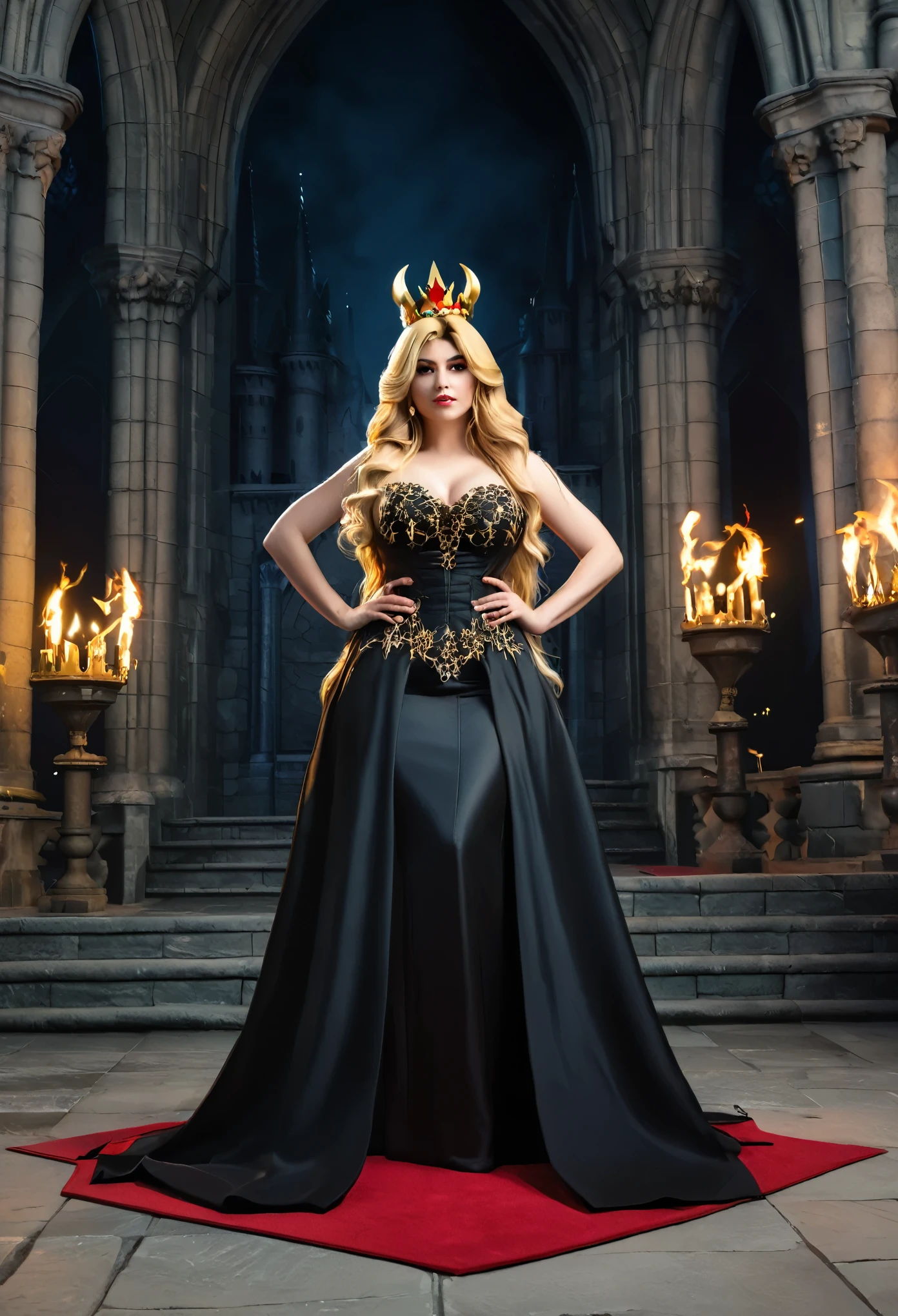 A female character based on Bowsette, wearing a golden crown, with long blonde hair, demon horns, and a confident expression. She is dressed in an elegant black gown with spiked details, standing inside a grand gothic castle. The castle walls are made of dark stone, lit by torches that cast dramatic shadows. The floor is covered with a red carpet leading to an imposing throne. Tall, narrow windows reveal a night sky with a full moon, adding a sense of mystery and power to the scene. with big tits and cleavage.