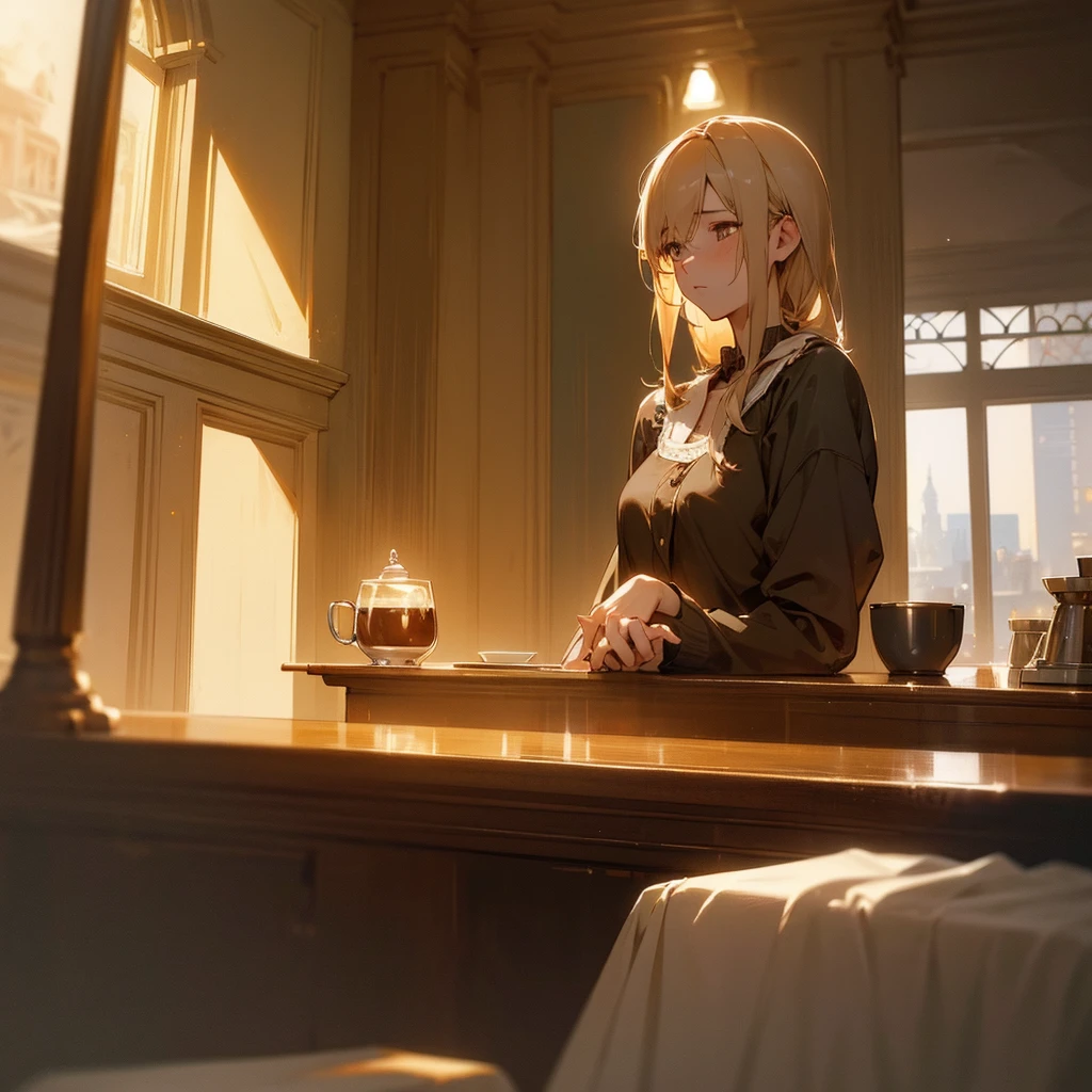 a beautiful and cute anime girl, sitting alone in a large cafe, drinking coffee, counter nearby with male barista, intricate details, elegant pose, cinematic lighting, photorealistic, 8k, highly detailed, masterpiece, realistic, atmospheric, warm colors, chiaroscuro, moody, dramatic, elegant, sophisticated, dreamlike