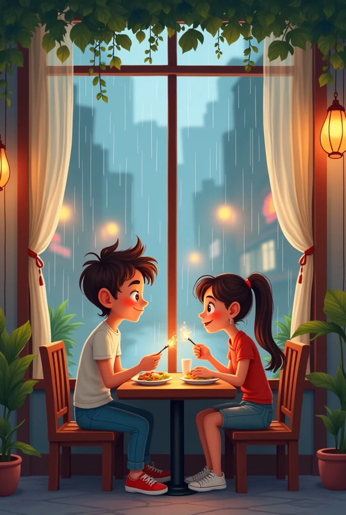 A cartoon of A boy and a girl sitting at restaurant in rainy season . Adult boy and girl