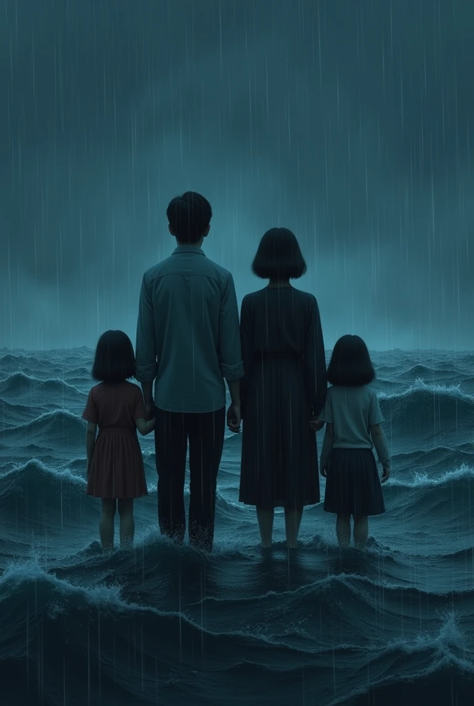 a family with straight bobbed board in the middle of ocean, night rain
