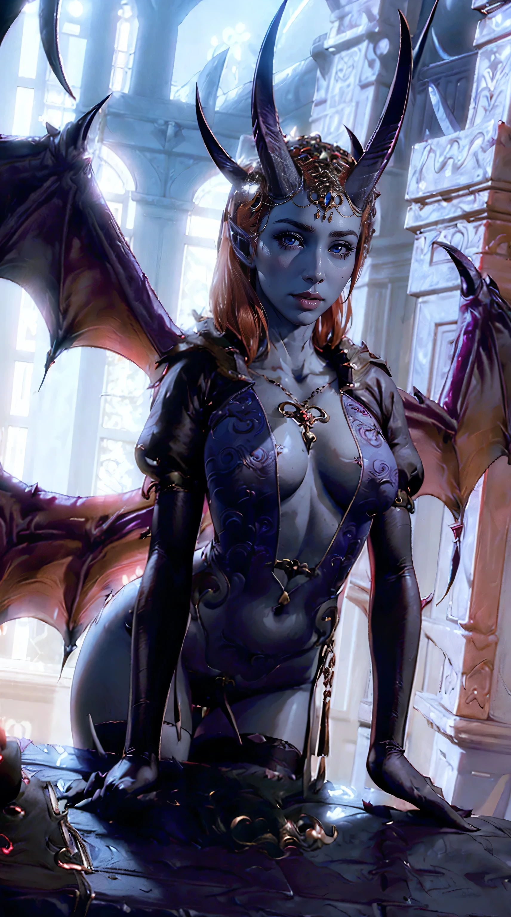 (NSFW:1.3), (masterpiece, best quality:1.3), succubus, 1girl, solo, purple skin, red (eyes, black sclera:1.2), horns, see-through y dress, fishnet stockings, large demon wings, night, bedroom, cinematic candle light, very coherent symmetrical artwork, by Range Murata, artgerm, digital illustration, beautiful