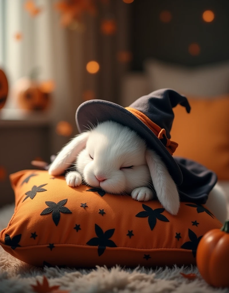 A scene with a rabbit in a Halloween costume sleeping on a pillow