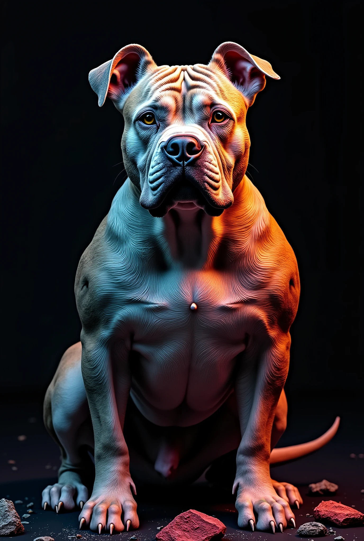 Photo of an American Bully dog with a palette of 4 colors, with a rock design, make it look realistic, with broken glass details, on black background