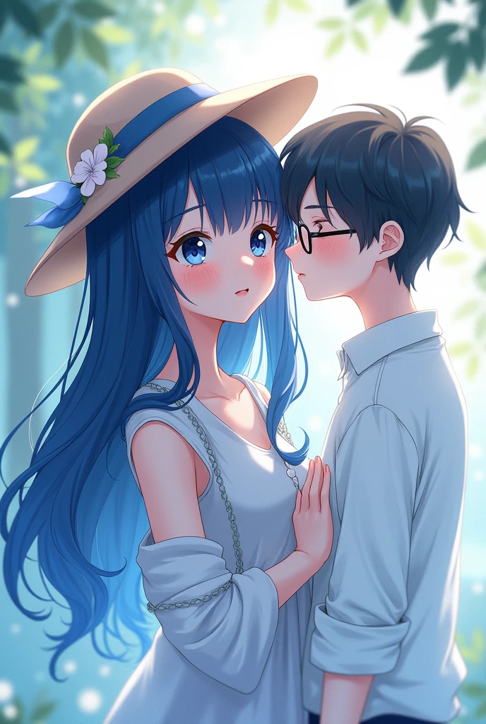 Drawing anime girl with hat and long navy blue hair, and an aura of a boy with short hair, black color with glasses taking care of her