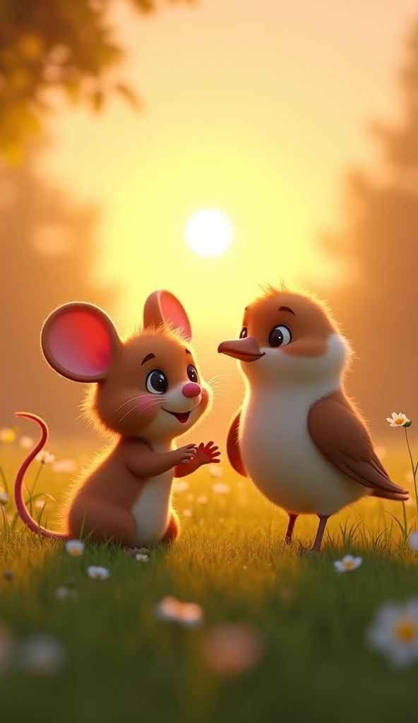 Cartoon anime 3D characters of The mouse, now free from the net, stands beside the bird with a grateful expression. They are back in the safety of the meadow, with the sun setting in the background, casting a warm glow over the scene. The bird is perched close by, looking proud of his efforts