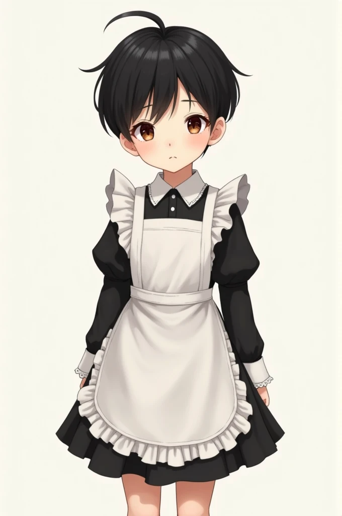 A white-skinned, black-haired Asian boy wearing a maid outfit