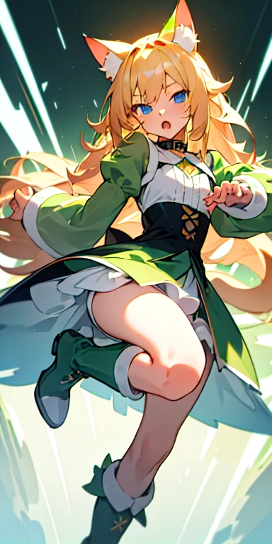 1goat woman,golden horns, goat ears, goat tail, red hair, one ponytail, green beret, perfect eyes, blue eyes, glasses, serious face, green necklace, white blouse, green tie, long green skirt, long white stockings, green shoes, green spear with white details, big breasts, big ass, office background