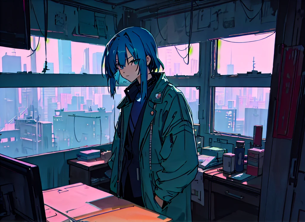 Detective in his office At night, there are dim blue-green lights indoors, bookshelves half full of books, various items on the tabletop, windows directly in front of the window, windows account for a quarter of the picture, night view of the city outside the window, anime style 4 K, cyberpunk anime, 4k anime wallpaper, anime art wallpaper 8 k, anime style. 8K, digital cyberpunk anime art