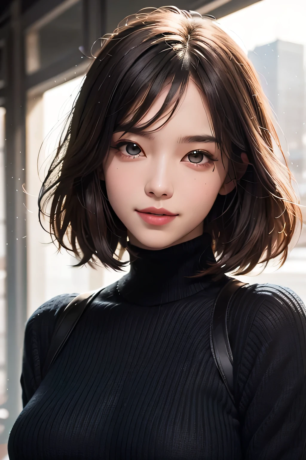 (UHigh resolution, retina, masterpiece, Accurate, Anatomically correct, Textured skin, Super Detail, Attention to detail, high quality, 最high quality, High resolution, 1080P, High resolution, 4K, 8k, 16K), (美しいAttention to detail目, Beautiful lip detail, Highly detailed eyes and face), Studio Lighting, Physically Based Rendering, Brightly colored boobs, Super big breasts, super extra big , Glamorous Body), (White turtleneck knit), (Portraiture, Bowl Cut, Shiny Hair, Glowing Skin), (Bokeh), (incline one's head to the side:1.5), Eye Reflexes, Jet Black Hair, Distinctive large, narrow eyes, Snow-like skin, Pink Lips, Rosy Cheeks, Large Breasts, A charming smile that captivates everyone who sees it, and the intelligent brain,