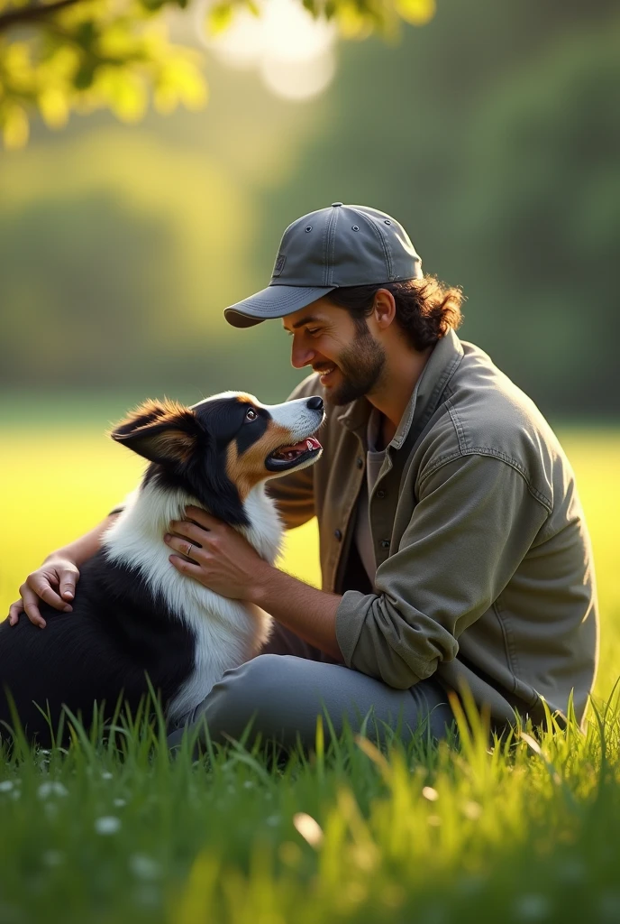 A man wearing a grey baseball cap sitting on the grass, holding a Border Collie