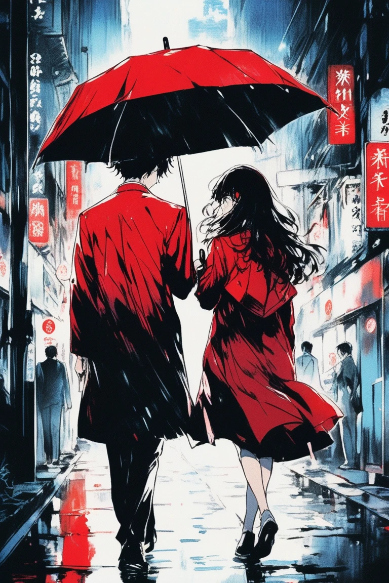 (Highest quality, sketch:1.2),(Highest quality:0.8), (Highest quality:0.8), Perfect illustration((masterpiece, Highest quality)), Illustrator, anime , Realistic ,sketch , night, nighttime, Realistic, red lighting, Hard Shadows, masterpiece, Highest quality, complicated, , Vintage, Film Grain、Clear eyes and contours、men and women、冷めたmen and women、A couple on the verge of breaking up、Walking with your back turned while holding an umbrella、Two people smiling at each other、Emotional、Old Film、Nostalgia

