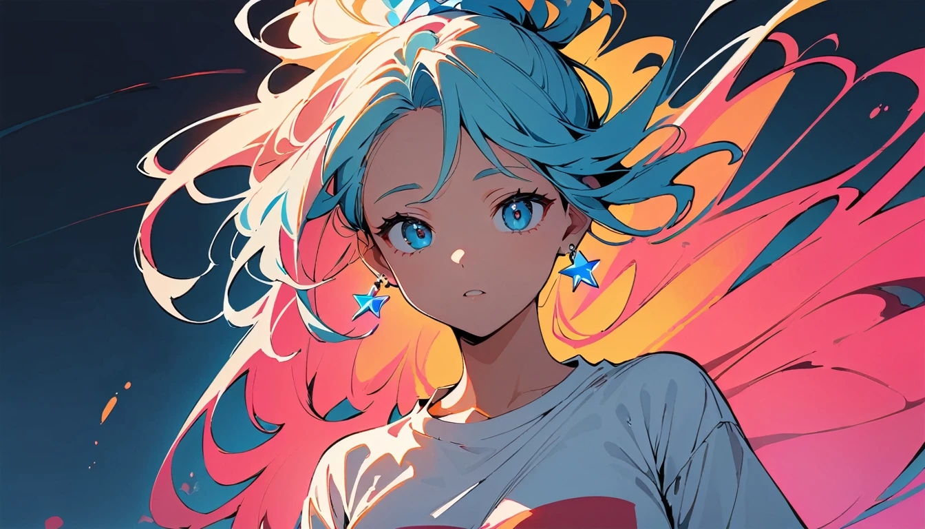 (high quality, 8k, 4K, High Contrast, masterpiece:1.2, 最high quality, Best aesthetics), ((16bit)), (Dynamic Angle), ((1 female teen)), ((Plain and bright background)), ((Flat Color)),(Plain white T-shirt on the upper body), (jeans), (Holding a sword), Looking at the audience, Upper Body, Transparent Background, Sleepy eyes, High Contrast, Contrasting colors, Cowboy Shot, Pale pink and blue lighting, Long Hair, ((Tied Hair)) , Light blue hair, Small star-shaped earrings in both ears, watch, bright eyeshadow, (Fighting), Cool look, Overlord Shokouken