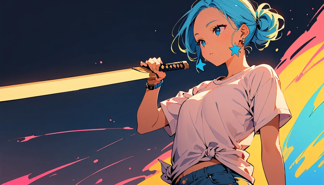 (high quality, 8k, 4K, High Contrast, masterpiece:1.2, 最high quality, Best aesthetics), ((16bit)), (Dynamic Angle), ((1 female )), ((Plain and bright background)), ((Flat Color)),(Plain white T-shirt on the upper body), (jeans), (Holding a sword), Looking at the audience, Upper Body, Transparent Background, Sleepy eyes, High Contrast, Contrasting colors, Cowboy Shot, Pale pink and blue lighting, Long Hair, ((Tied Hair)) , Light blue hair, Small star-shaped earrings in both ears, watch, bright eyeshadow, (Fighting), Cool look, Overlord Shokouken