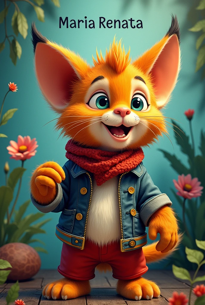 Create a flipbook cover Add Maria Renata's name to the cover (Full name) at the top center of title.
adding a domestic or jungle animal that is animated with clothes but is not fictional and is colorful.