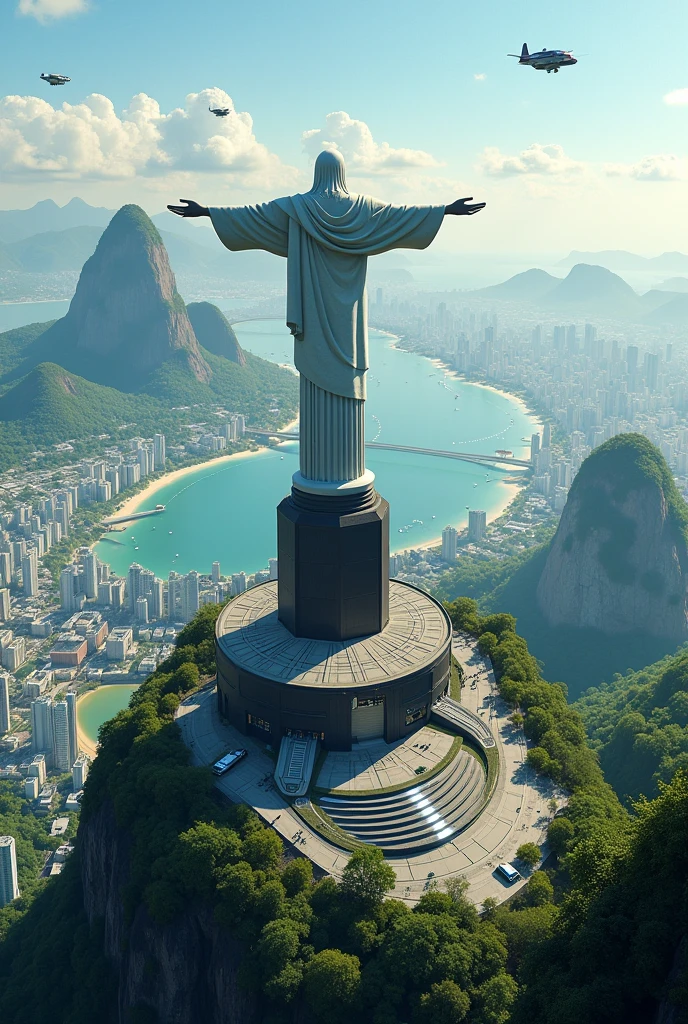 Create a futuristic art of Rio de Janeiro. Show a panoramic view of the city with a technologically advanced Rio de Janeiro, Maintaining its iconic features. Highlight Christ the Redeemer as a central tourist attraction, perhaps enhanced with futuristic technological elements. Include flying cars buzzing through the sky, as well as modern and architecturally innovative buildings that blend harmoniously with the natural view. Add a setting that matches the city&#39;s natural exuberance, like Guanabara Bay and Sugarloaf Mountain, with a high-tech urban environment.
