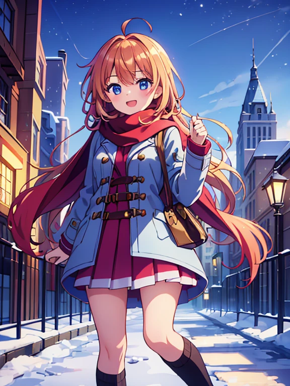 (Highest quality), (masterpiece), (Ultra-high resolution), whole body, One Woman, A big smile, Strawberry Blonde, long, mini skirt, Knee-high socks, Duffle coat , Winter scarf, City, winter, ((It's snowing)), (illumination), ((Night view))