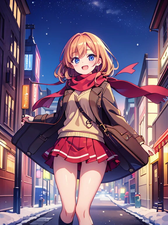 (Highest quality), (masterpiece), (Ultra-high resolution), whole body, One Teenage Woman, A big smile, Strawberry Blonde, long, mini skirt, Knee-high socks, Duffle coat , Winter scarf, City, winter, ((It's snowing)), (illumination), ((Night view))