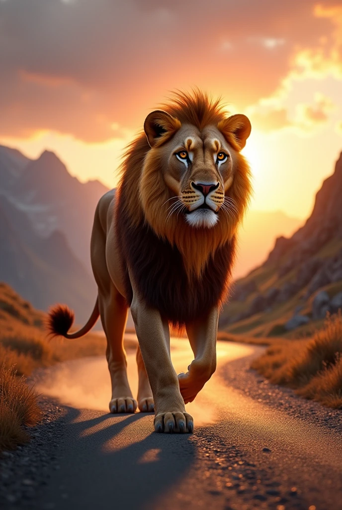 Lion walking proudly at sunset on a mountain road Realistic high detail ,As if it is happening in reality   