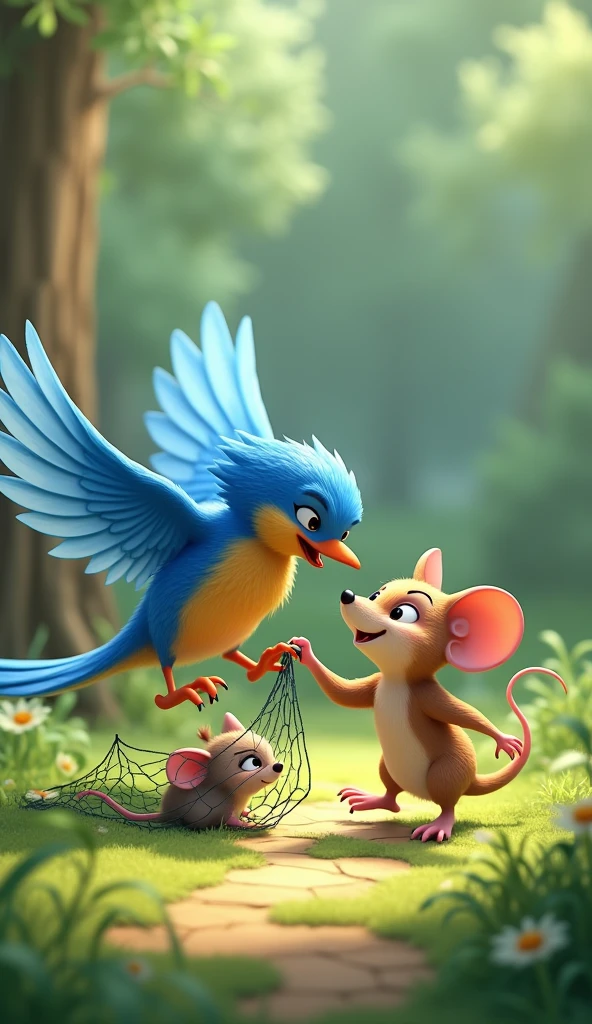 Cartoon anime 3D characters of The bluebird is frantically pecking at the net with determination, his wings flapping as he works to free the mouse. The mouse is watching the bird with hopeful eyes, still trapped but trusting her