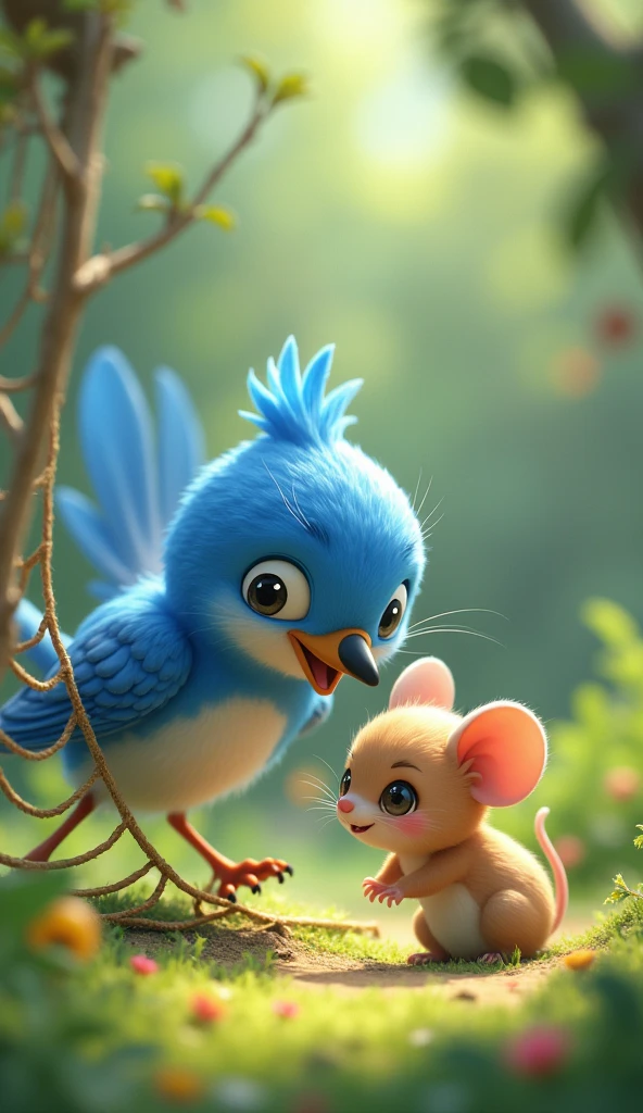Cartoon anime 3D characters of The bluebird is frantically pecking at the net with determination, his wings flapping as he works to free the mouse. The mouse is watching the bird with hopeful eyes, still trapped but trusting her