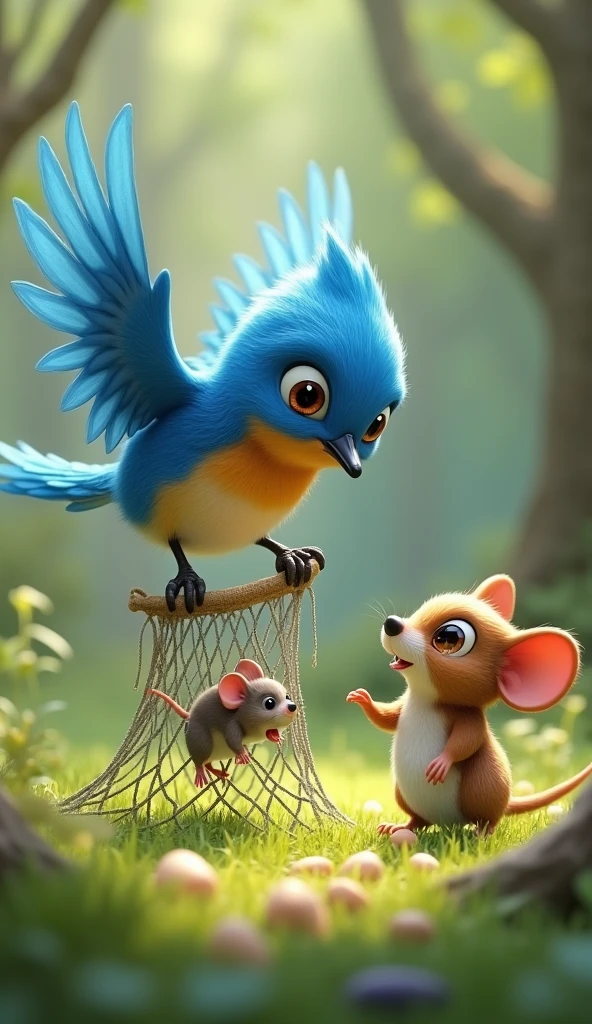 Cartoon anime 3D characters of The bluebird is frantically pecking at the net with determination, his wings flapping as he works to free the mouse. The mouse is watching the bird with hopeful eyes, still trapped but trusting her