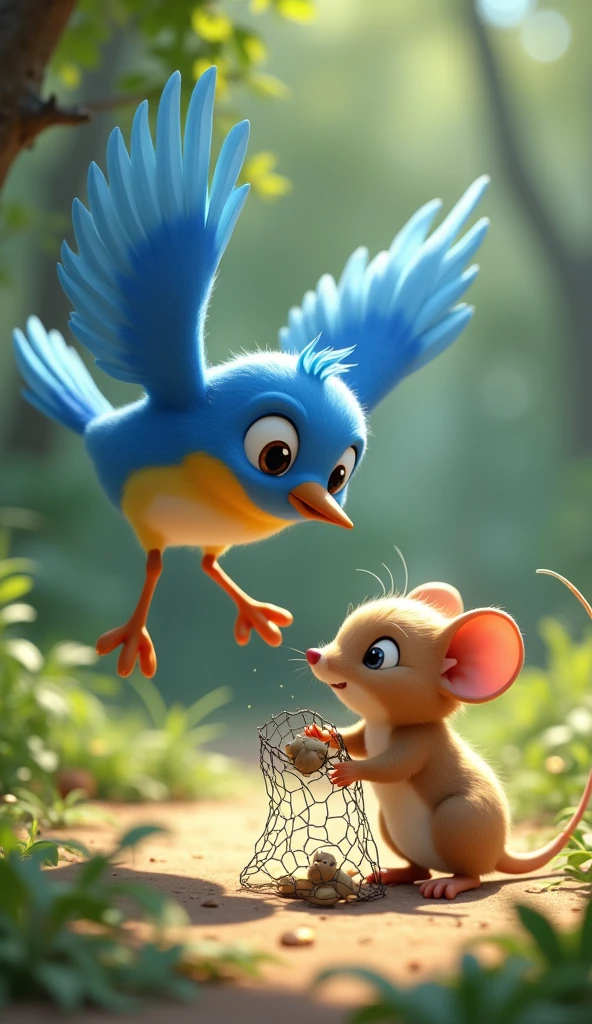 Cartoon anime 3D characters of The bluebird is frantically pecking at the net with determination, his wings flapping as he works to free the mouse. The mouse is watching the bird with hopeful eyes, still trapped but trusting her
