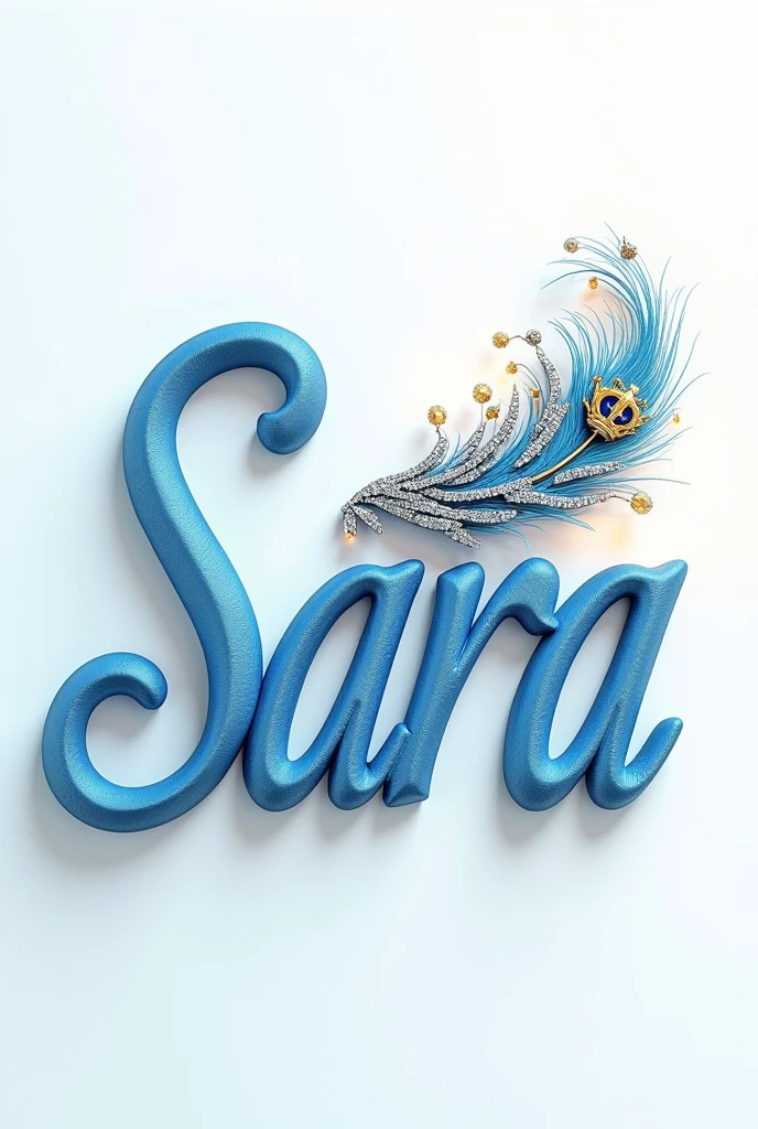 A stunning 3D rendering featuring the word "SARA" in elegant sky blue letters, with a wing at the beginning, adorned with brilliant diamonds. Each letter has intricate design and displays a majestic crown and a peacock feather, exuding sophistication. The warm silver glow of the diamonds adds a touch of glamour to this masterpiece of typography. The solid white background highlights the design, making it a captivating focal point for architectural presentations or film-related purposes. This piece can seamlessly integrate into various media such as 3D renders, paintings, illustrations, and photographs, showcasing a perfect blend of typography and visual art., 3d render, vibrant, typography