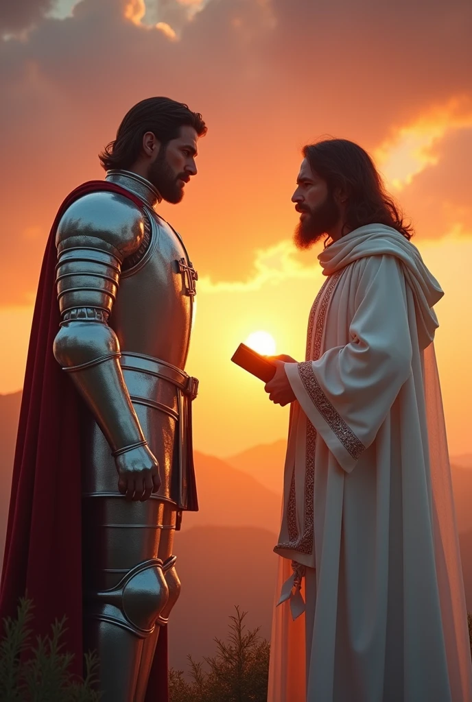 A man in white silver armor with the emblem of a cross on the breastplate separated from a man in a shining white robe with Nazarene hair in front of a sunset with a bible in his hand