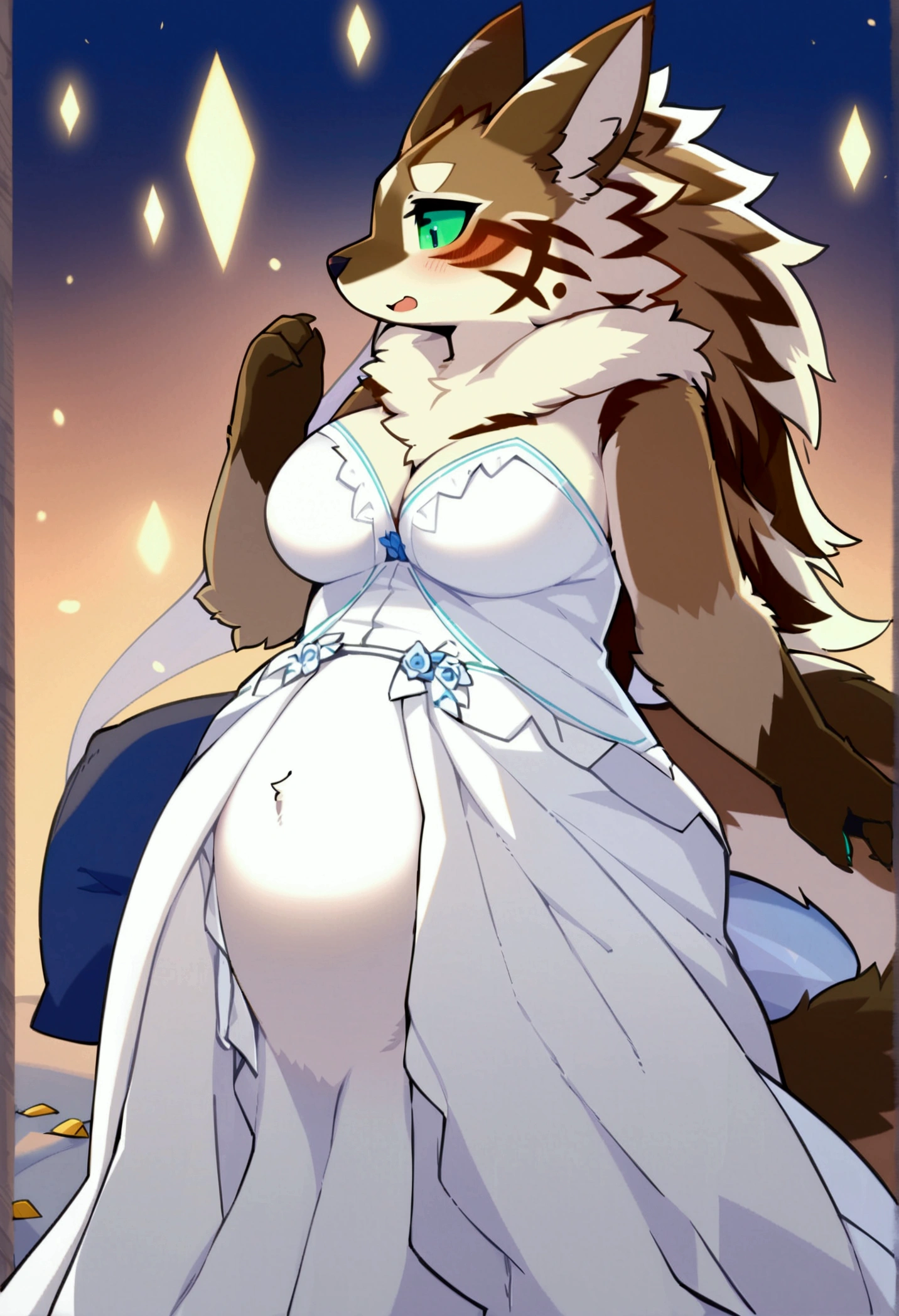 top quality, best quality, by devil-vox, High-quality illustrations, masterpiece)(kemono, furry anthro), very beautiful and detailed body face and eyes, round, 1 female, jackal, Seth, (Tokyo Afterschool Summoners), slightly chubby, mature face, brown furs, fluffy, tail, big breasts, perfect eyes, green sclera eyes, beautiful wedding dress, body movement, body twitching, pregnant, red blushing, clumsy,
