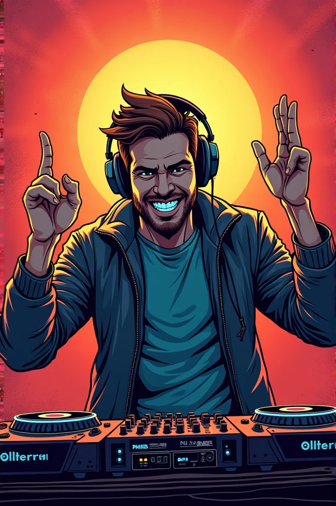 Älterer DJ, Headphones, Mann, Techno, comic style, hands in the air