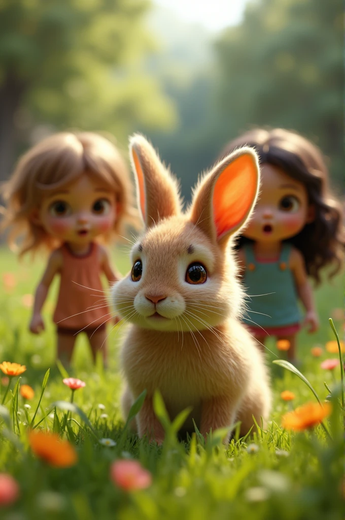 Image prompt: A surprised Lily and Emma discovering a cute, fluffy rabbit with big brown eyes in their backyard.