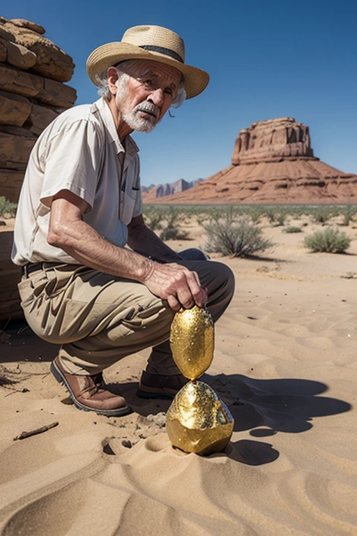 old man in desert finding gold nugget 