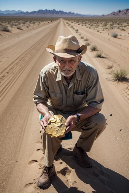 old man in desert finding gold nugget