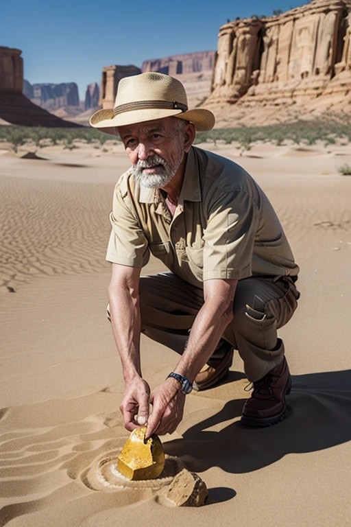 old man in desert finding gold nugget 