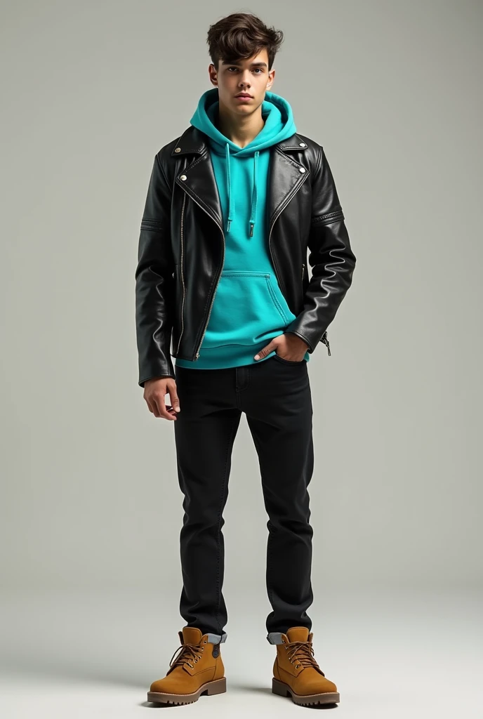 Black leather jacket, underneath a turquoise hooded sweatshirt, black jeans and camel-colored shoes