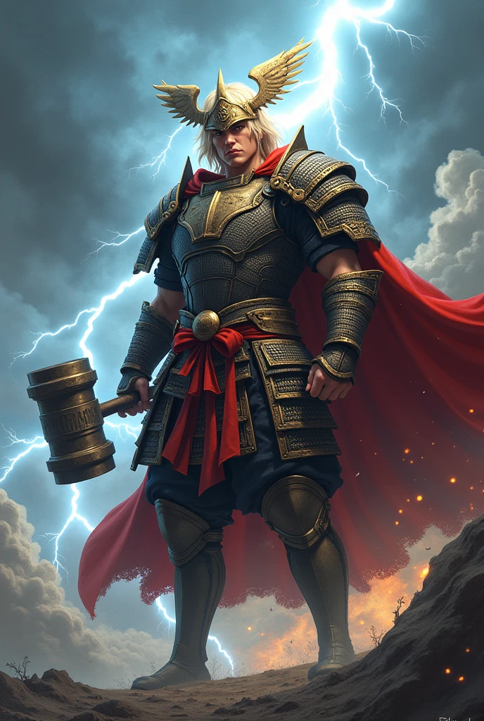 Man in samurai armor, blonde, winged helmet, hammer, red cape, lightning