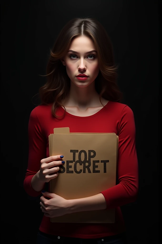 girl holding a brown file and has red top secret, dark and black background colour with blood